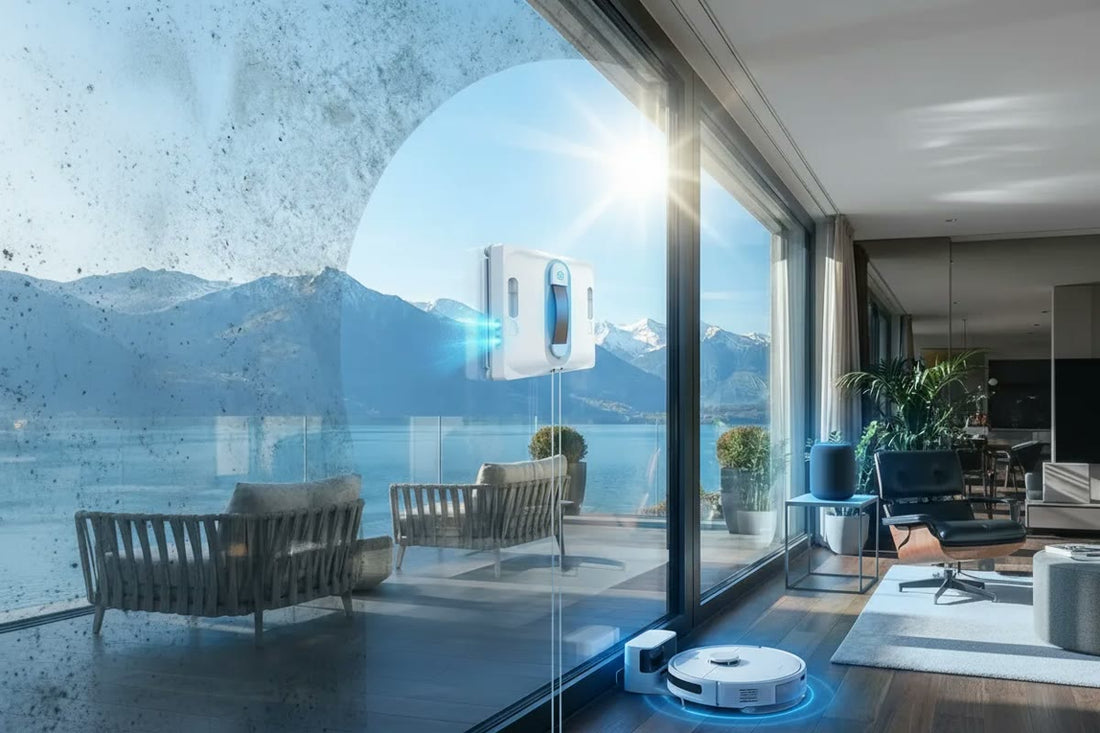 Large living room window half covered in grime and half perfectly clean, showing what a regular cleaning schedule preserves