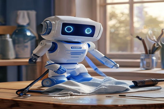 CleanBot R1 robot window cleaner receiving routine maintenance on a wooden table with spare pads nearby