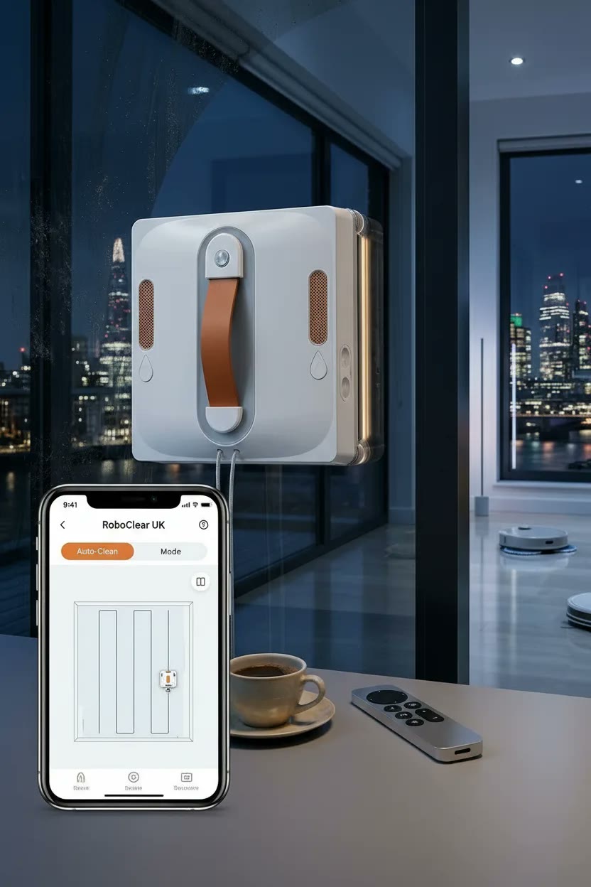 CleanBot R1 window cleaning robot on apartment glass with app control in view — expert buying guide pick for UK 2026