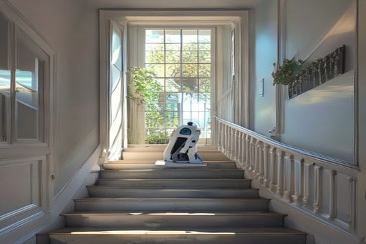 Tall stairwell window above a staircase being cleaned by a robot window cleaner attached to the upper pane