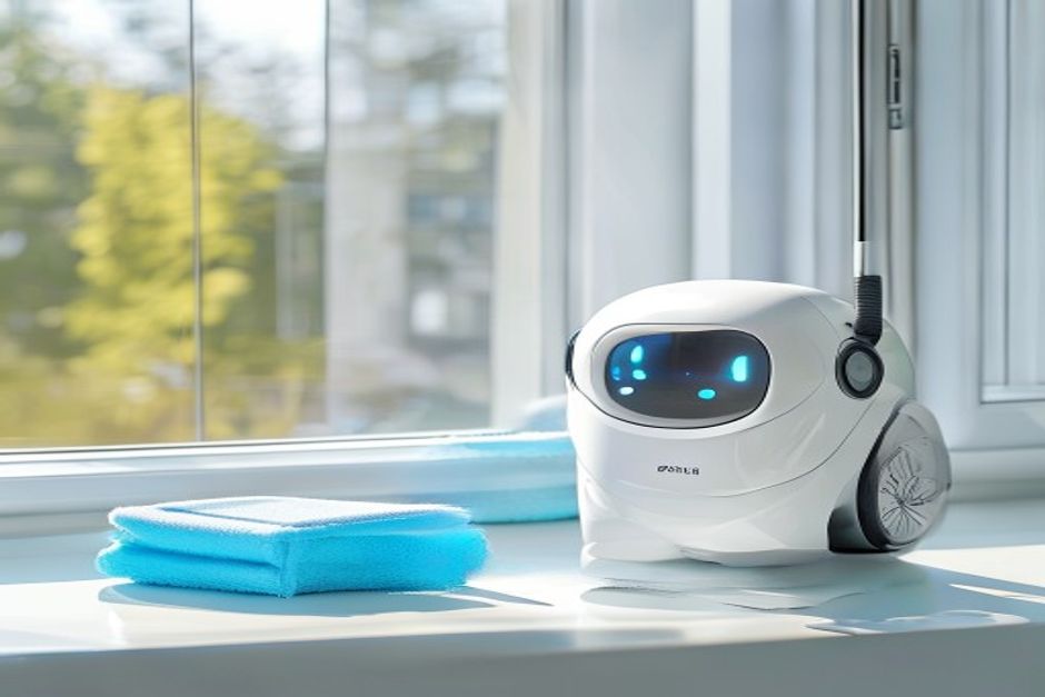 Fresh white microfibre pad beside a greyed worn pad next to the CleanBot R1 robot window cleaner