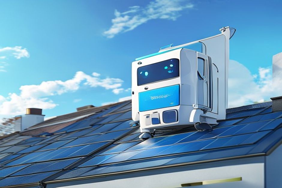 CleanBot R1 robot window cleaner working across a rooftop solar panel on a bright morning