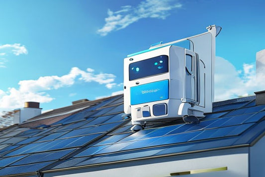 CleanBot R1 robot window cleaner working across a rooftop solar panel on a bright morning