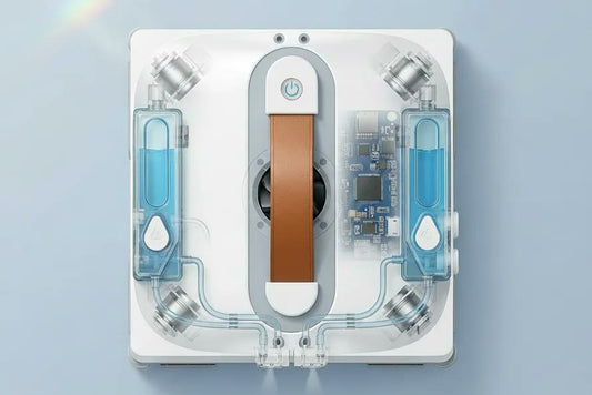 Top-down cutaway of the CleanBot R1 window cleaning robot showing dual water tanks, pump lines and navigation electronics