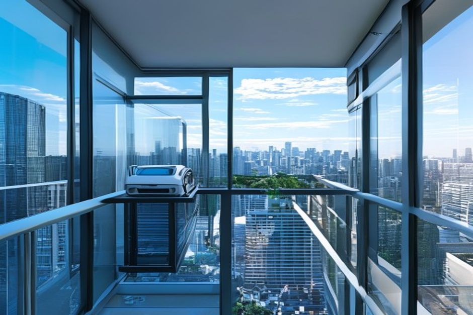 Robot window cleaner working on a frameless glass balcony balustrade with safety rope attached
