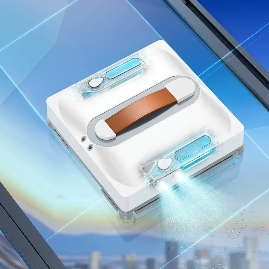 Close-up of the CleanBot R1 spraying a fine water mist onto glass to dissolve water spots and mineral film before wiping