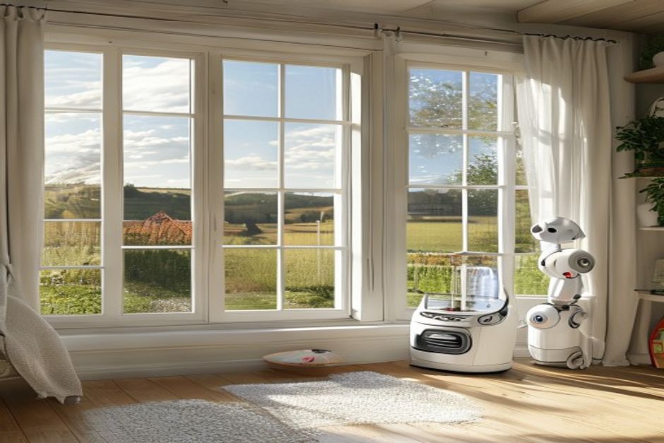 Holiday let living room with spotless windows onto countryside, robot window cleaner finishing a pane