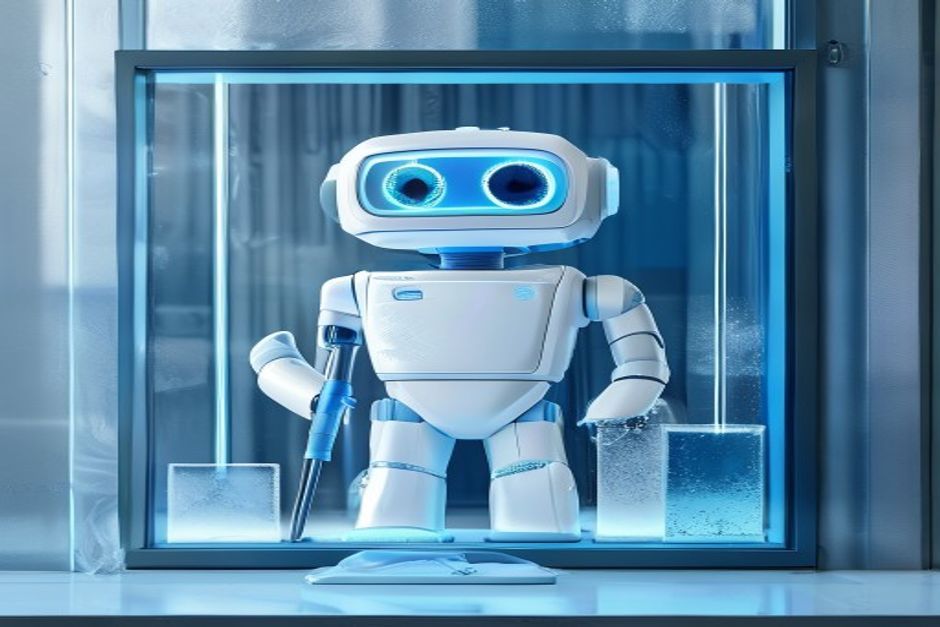 Robot window cleaner beside samples of frosted, leaded and clear glass showing what it can and cannot clean