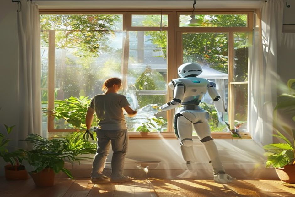 Window cleaned on both faces at once - cloth inside, robot window cleaner on the outside