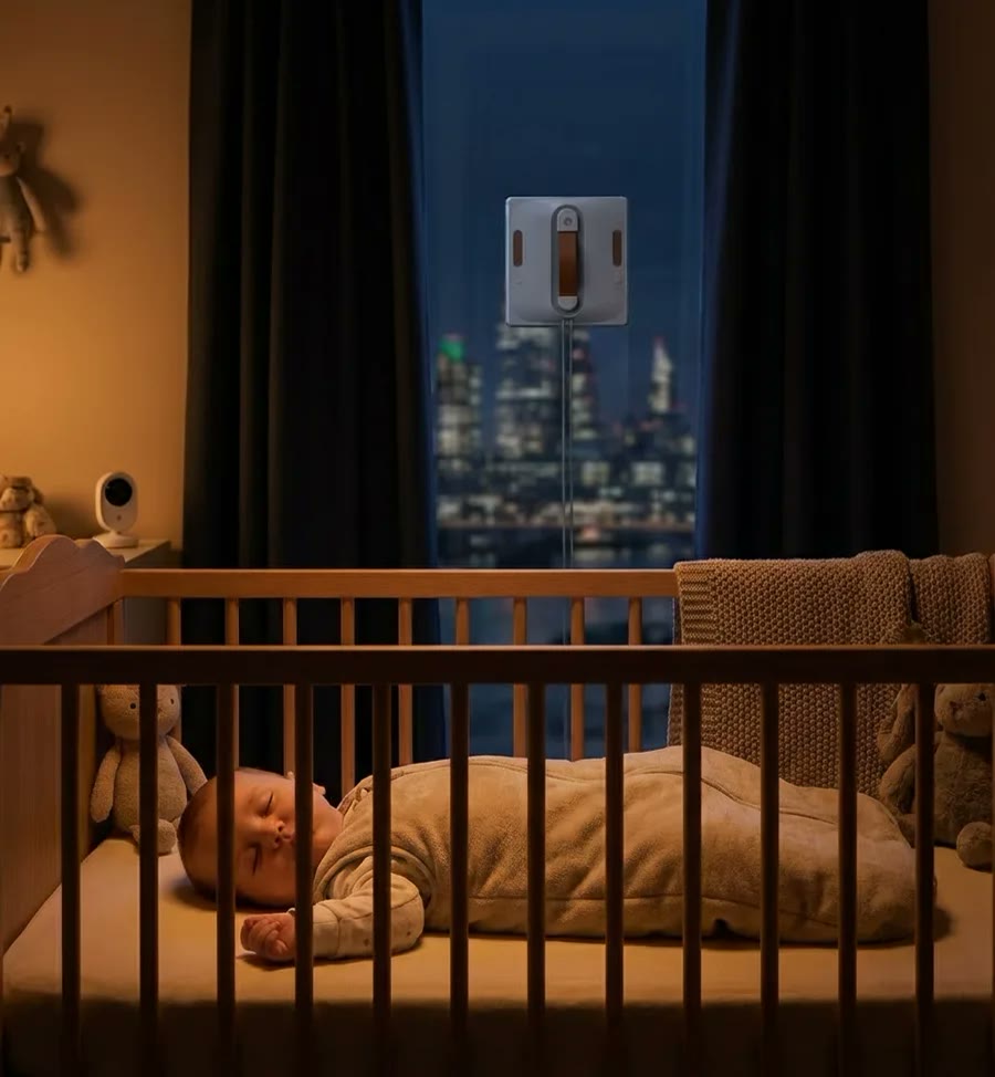 CleanBot R1 quietly cleaning a nursery window at night while a baby sleeps in a cot — silent mode for family homes