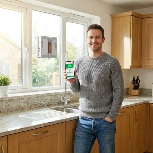 Smiling homeowner holding up a pounds-saved app screen while the CleanBot R1 cleans the window — cheaper than a window cleaner round