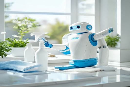 Robot window cleaner with spray bottle, white vinegar and fresh microfibre pads laid out ready for cleaning