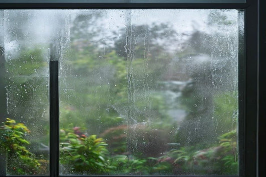 Double glazed window with misty condensation trapped between the two panes of glass