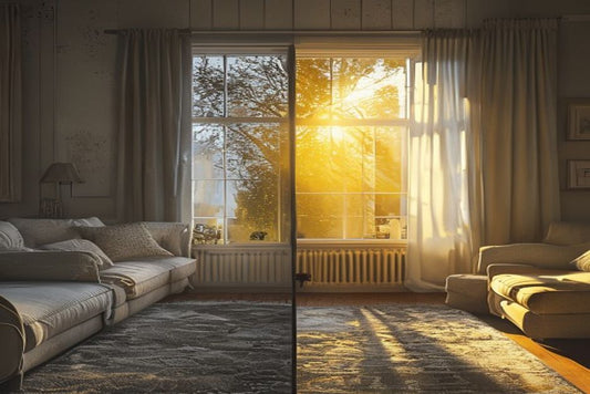 Two identical windows side by side, the grimy one letting in dull light, the clean one flooding the room with sun