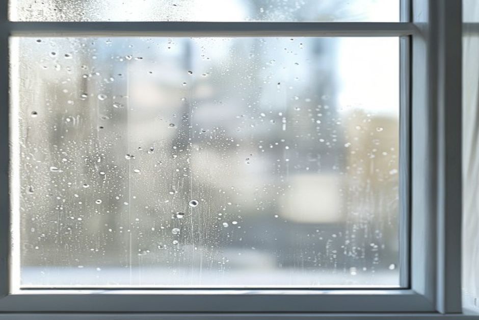Window glass half covered in chalky hard water spots, half restored to perfectly clear