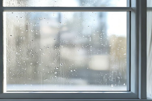Window glass half covered in chalky hard water spots, half restored to perfectly clear