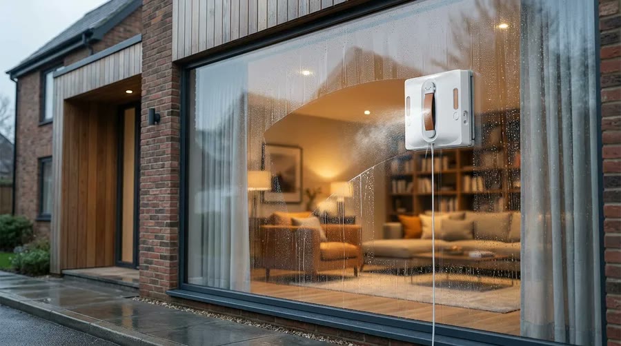 CleanBot R1 robot cleaning the large glass of a UK brick home, clearing rain marks panel by panel
