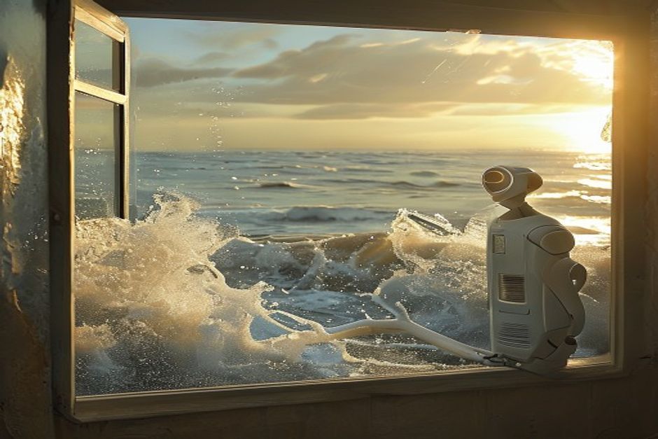 Coastal cottage window with sea view, half hazed by salt spray and half cleaned clear