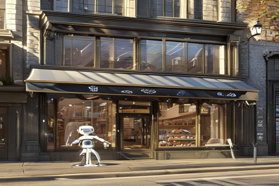 High street shopfront with large gleaming windows being cleaned by a robot window cleaner in morning light
