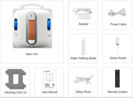 CleanBot R1 box contents laid out — main unit, adapter, power cable, spray nozzle, safety rope, cloths and remote control