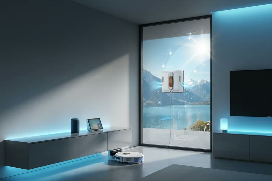 Smart home at dusk with a CleanBot R1 window robot cleaning floor-to-ceiling glass while a robot vacuum docks nearby