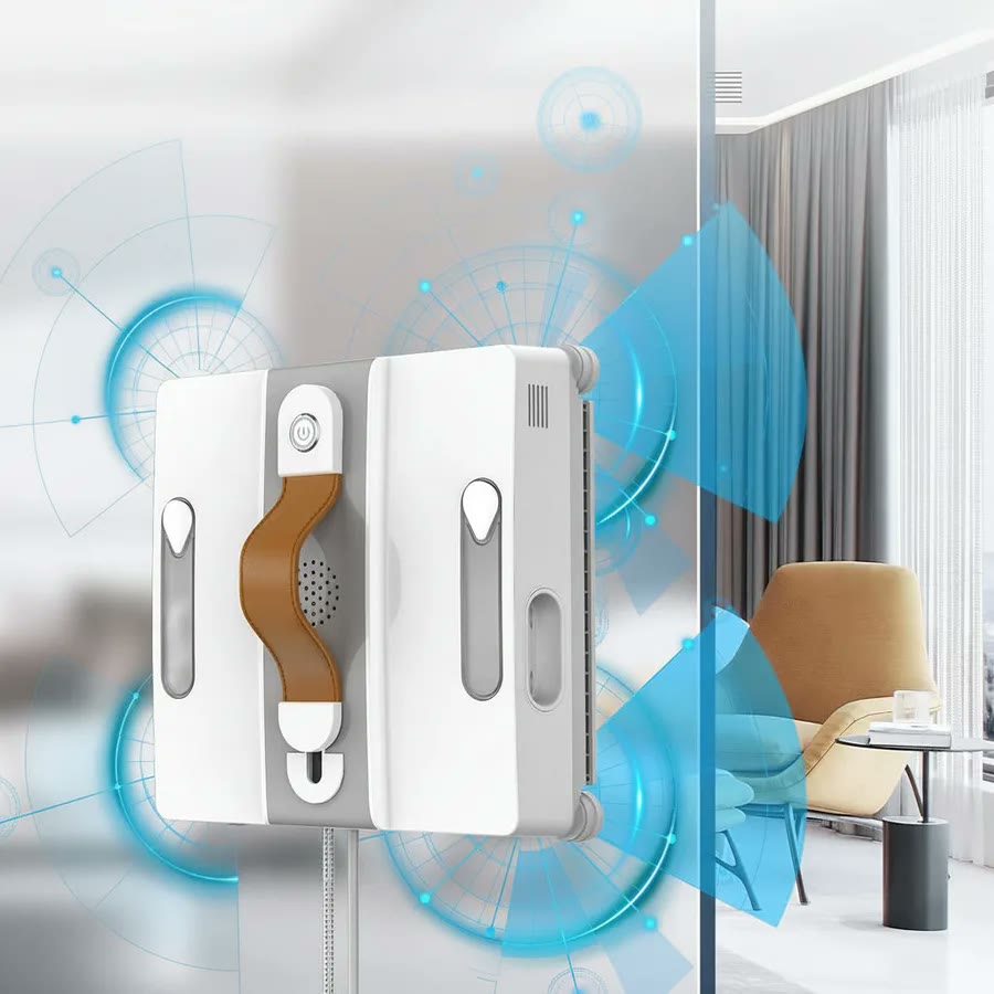 CleanBot R1 scanning a glass pane with its sensors, visualised sensor rings showing how AI path mapping measures the window