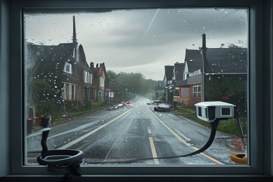 Road-facing window half covered in grey traffic film, half wiped clean by a robot window cleaner