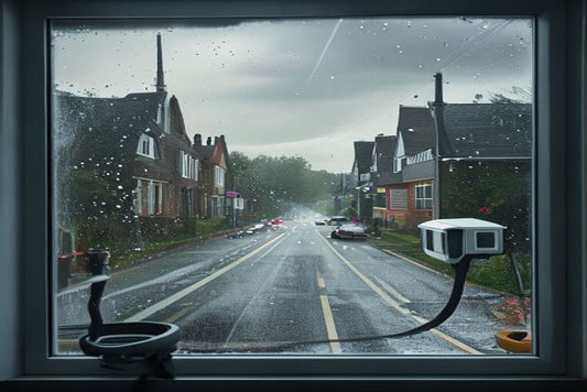 Road-facing window half covered in grey traffic film, half wiped clean by a robot window cleaner