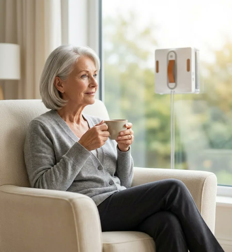 Woman relaxing in an armchair with a hot drink while the CleanBot R1 robot cleans her living room window in soft winter light