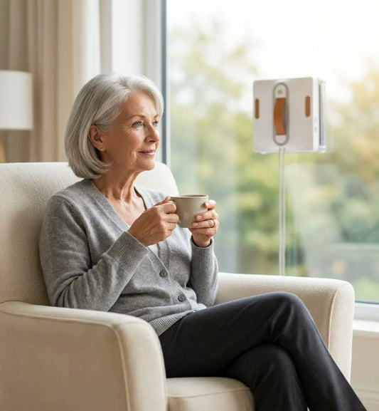 Woman relaxing in an armchair with a hot drink while the CleanBot R1 robot cleans her living room window in soft winter light