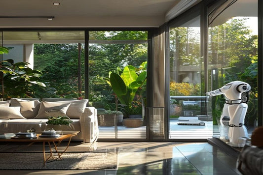 Robot window cleaner working across a large sliding glass door panel opening onto a garden patio