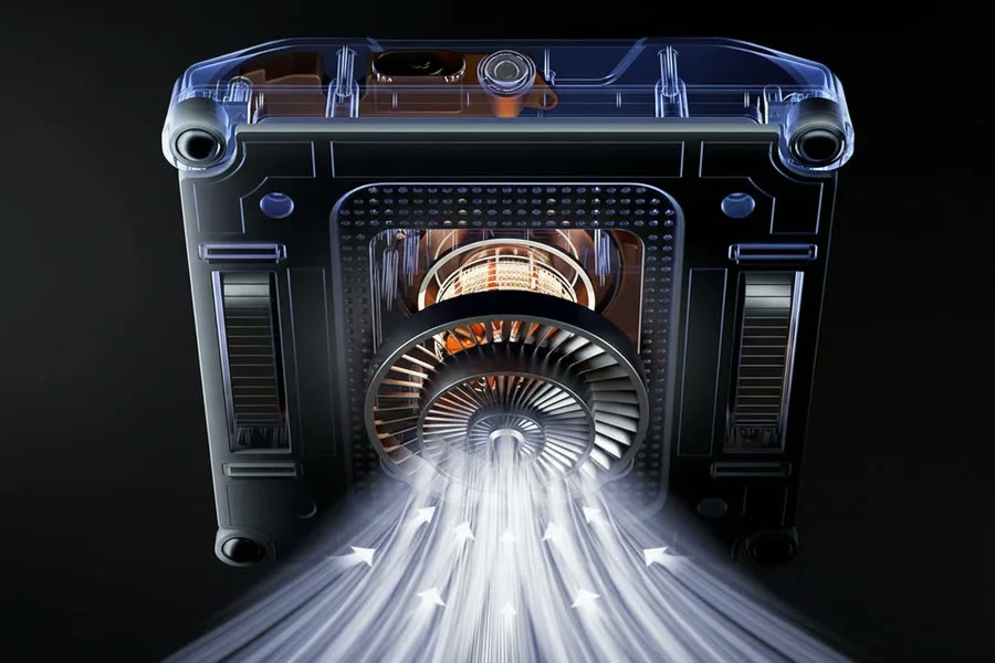 Engineering cutaway of the CleanBot R1 suction turbine — the first of eight safety layers that keep it locked to the glass
