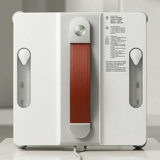 CleanBot R1 smart window cleaning robot front view after 90 days of testing — power button, dual tank windows and carry strap