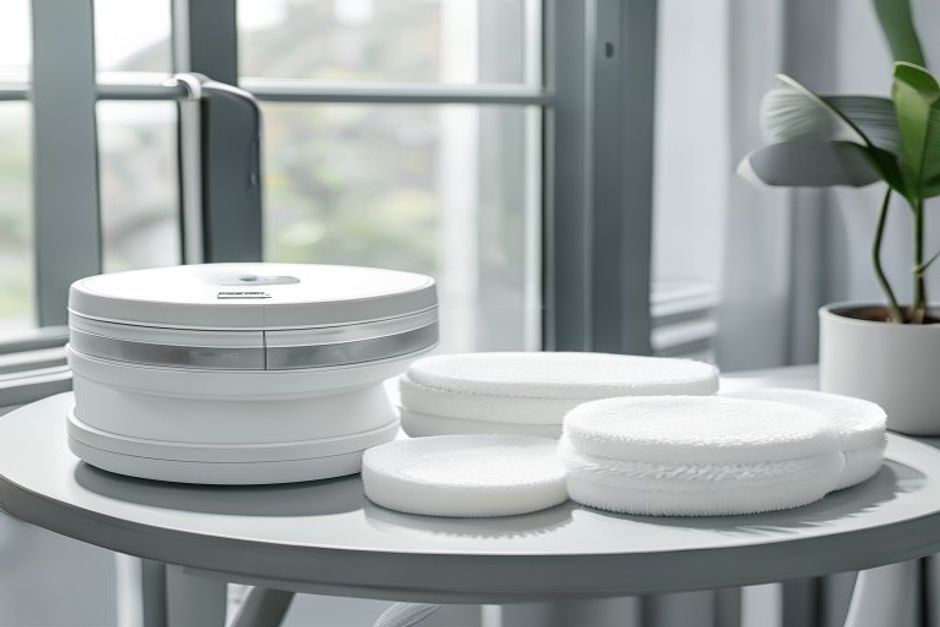 Washable replacement microfibre pads for Ecovacs Winbot W1 and W2 series laid out beside a robot window cleaner